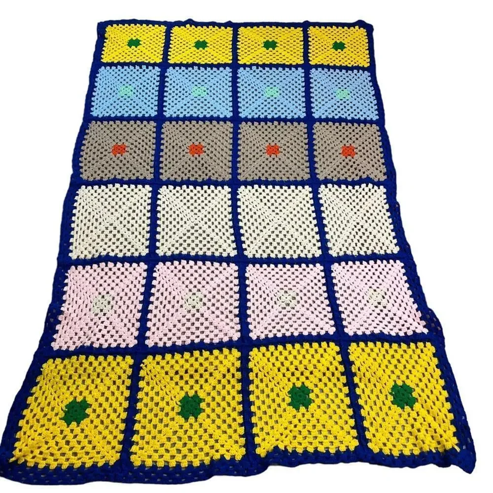 Vintage Afghan Handmade Granny Square Crochet Knit Blanket Multicolored Throw